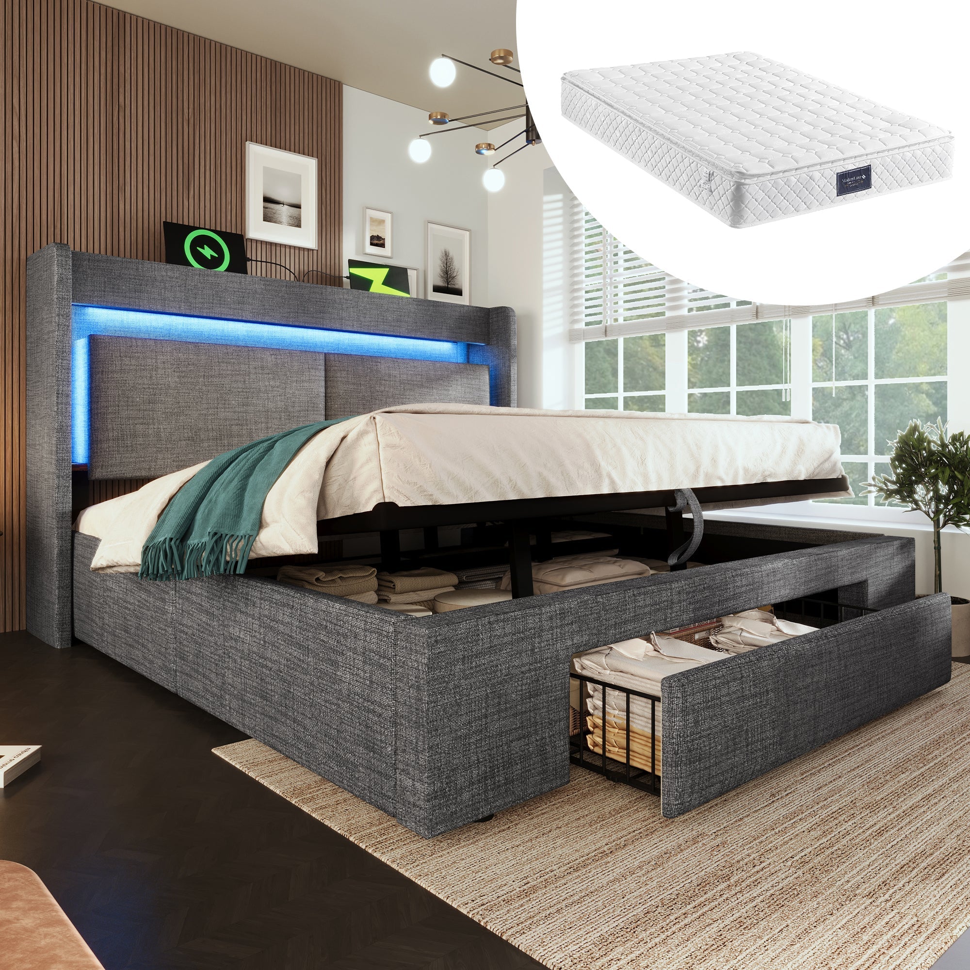 Upholstered Bed 160x200cm Hydraulic Storage Headboard Storage LED USB/Type-C - Linen Grey