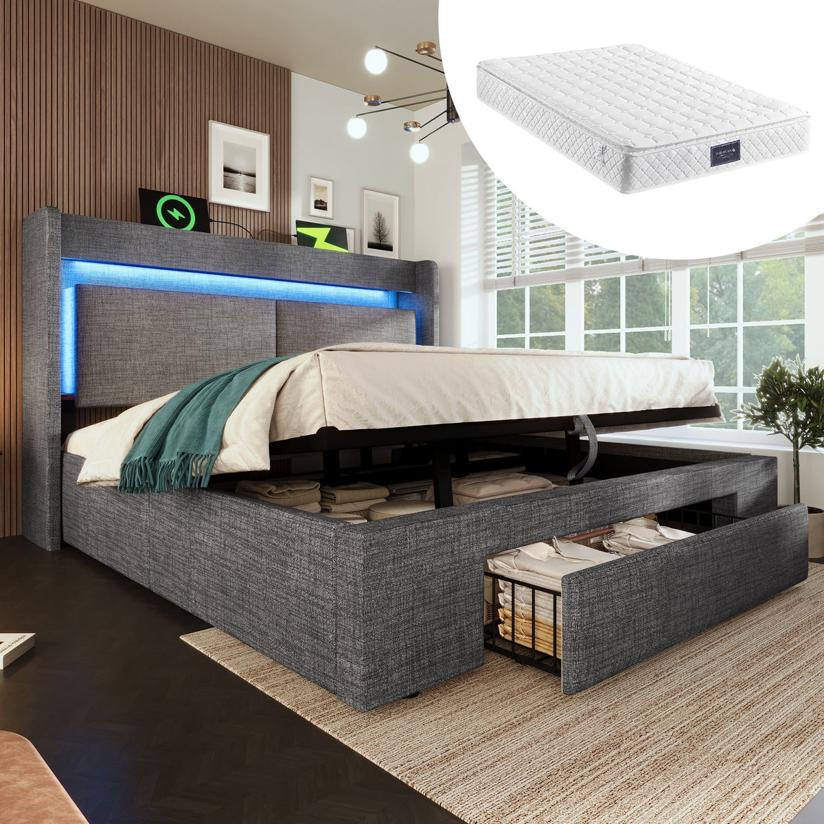 Upholstered Bed 160x200cm Hydraulic Storage Headboard Storage LED USB/Type-C - Linen Grey