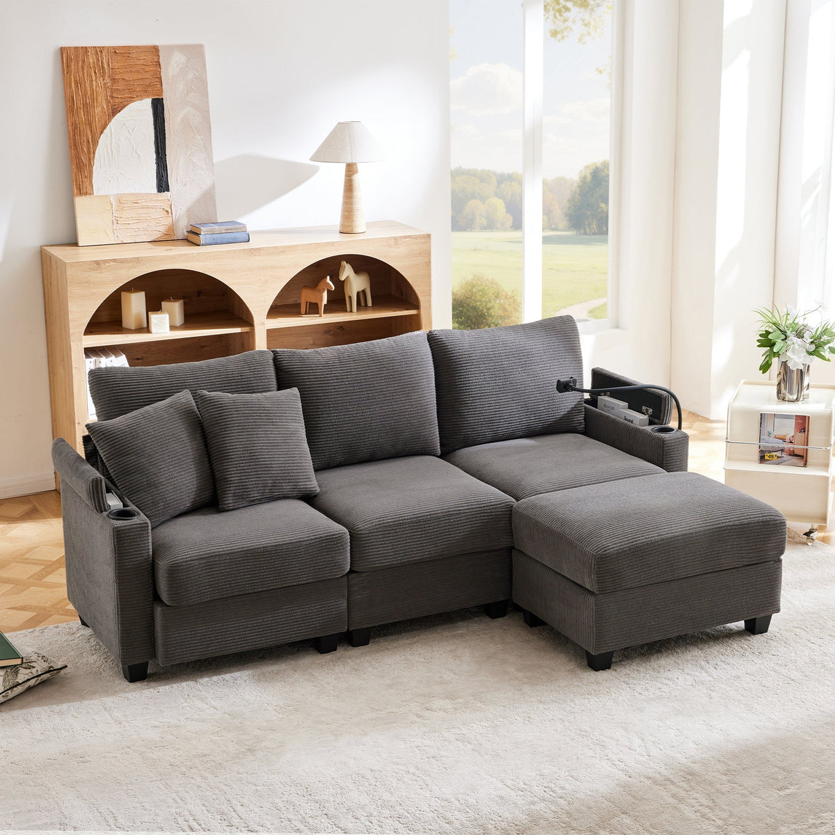 L-shaped Corner Sofa, Convertible 3-Seater with Footstool, Cup Holder, USB Charger, Armrest Storage, Dark Gray