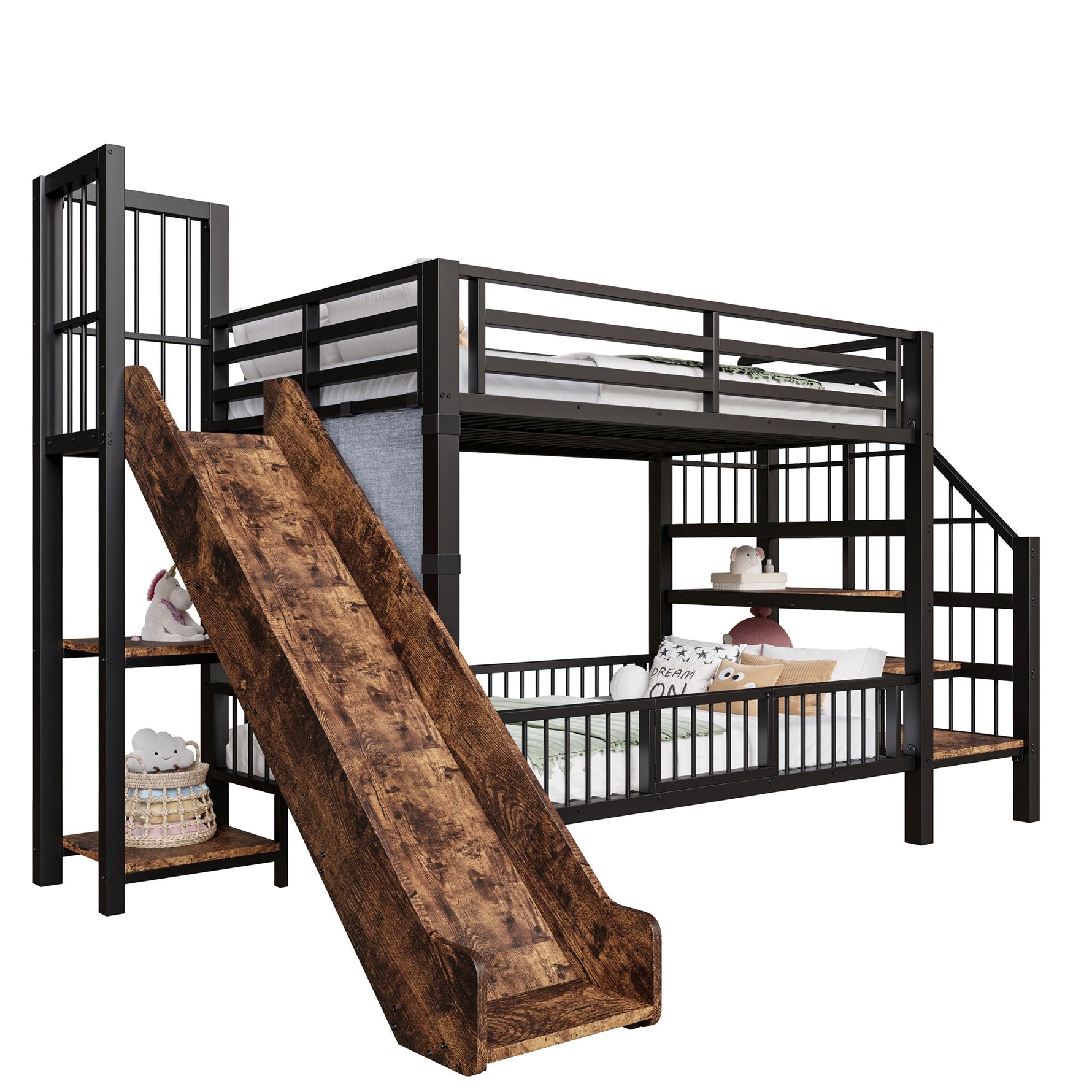 Children's Metal Loft Bed with Slide, Storage Stairs and Shelves, Black