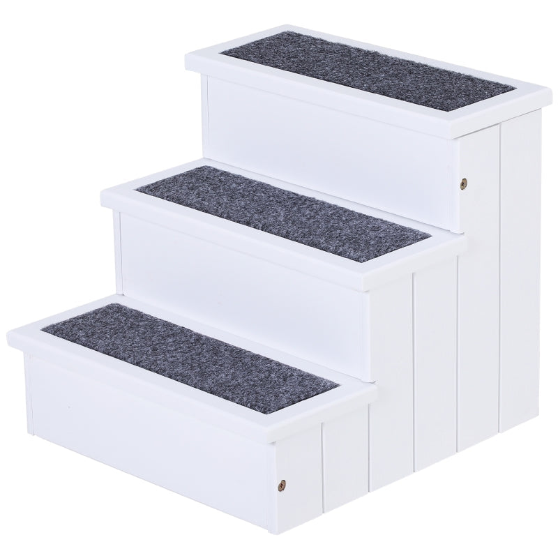 Dog Stairs, 3 Steps Pet Entry Aid with Storage, Fir Wood White