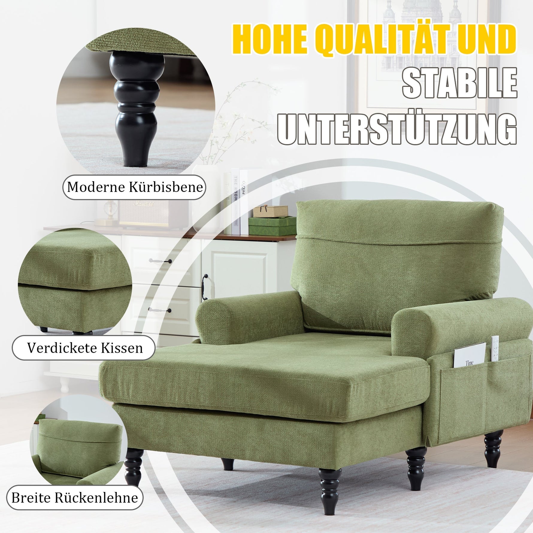 Modern Minimalist Lounger Sofa with Storage Pockets and Wooden Legs, Chenille