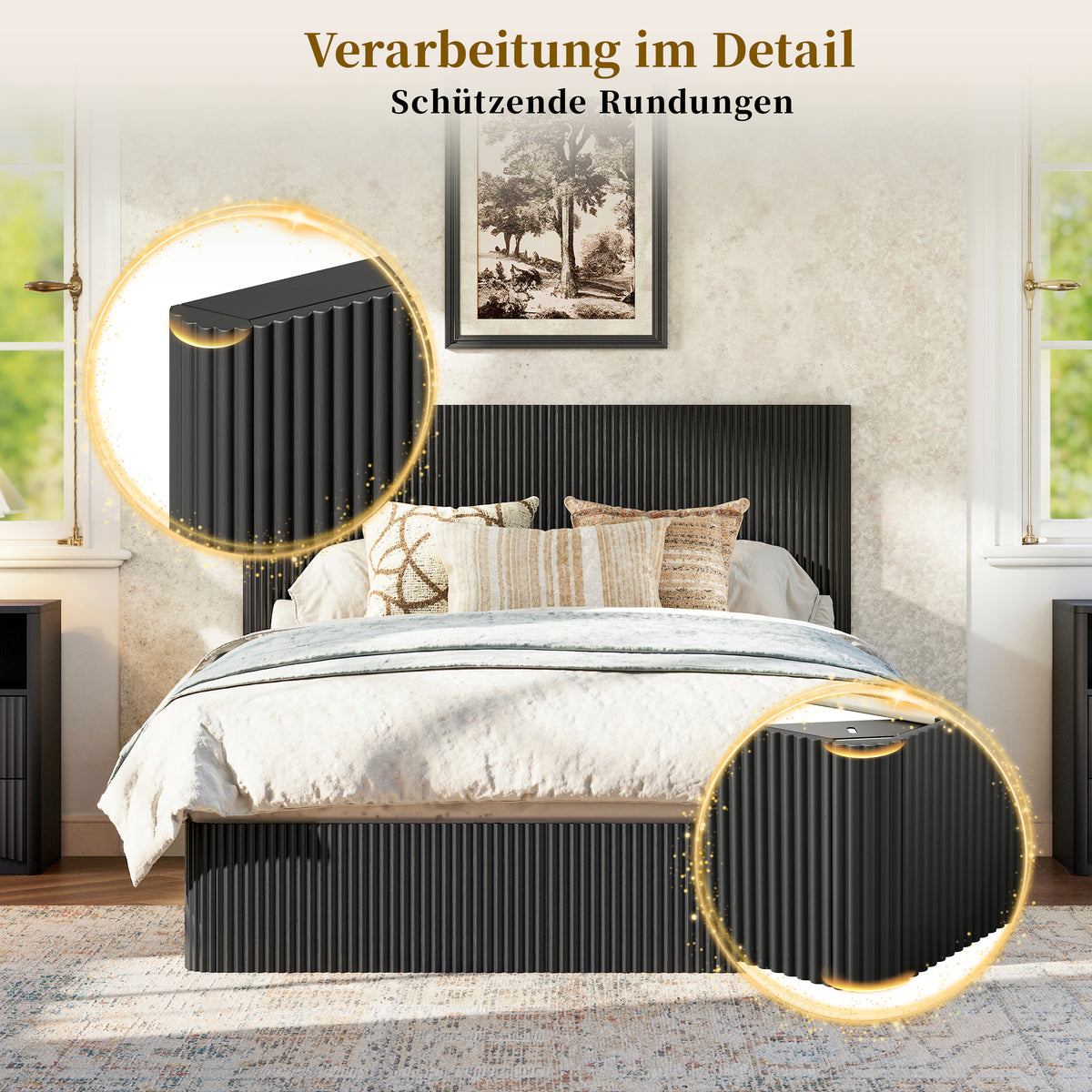 Modern Bed with Hydraulic Lift & Storage, 140x200 cm - Black