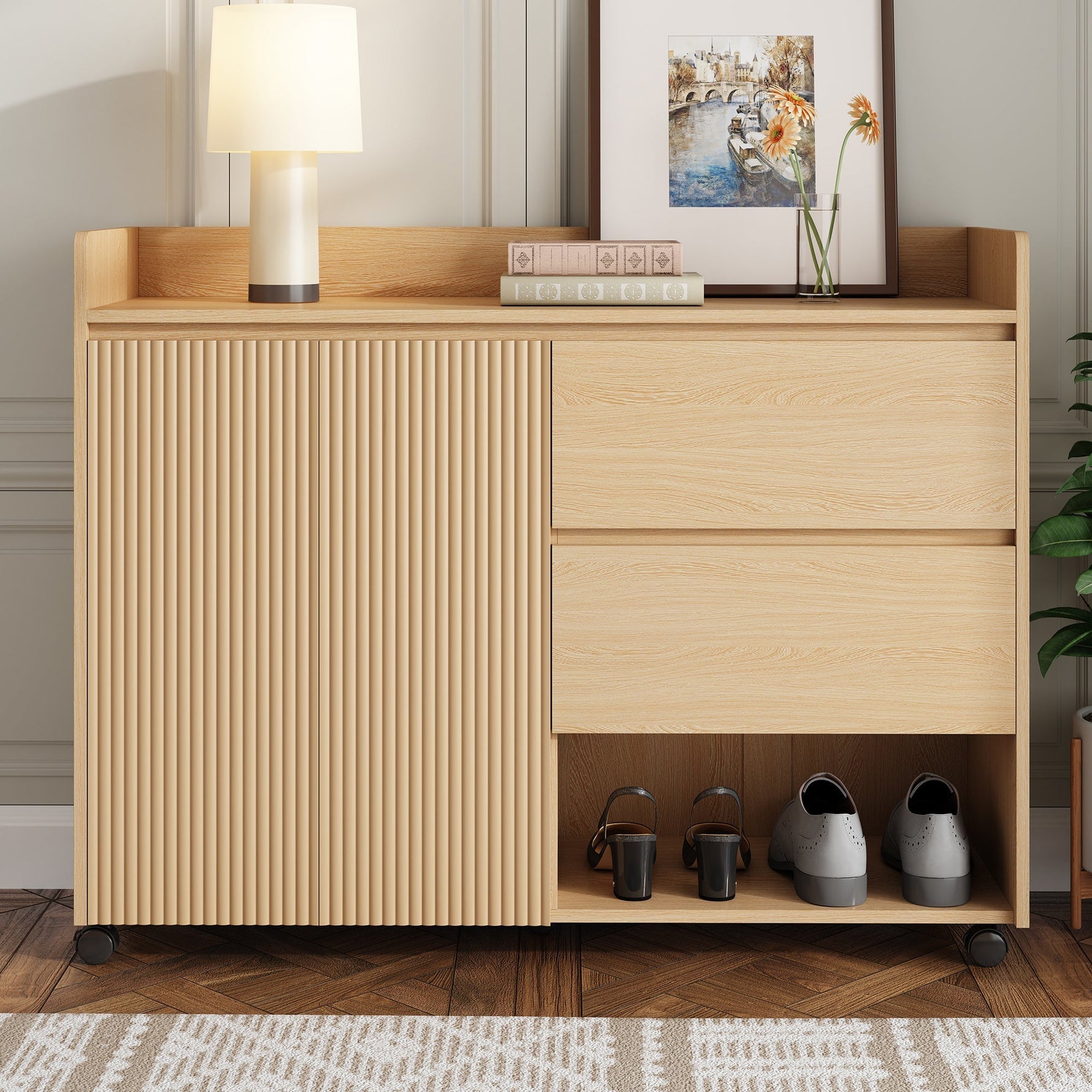 Shoe Cabinet, Movable with Adjustable Shelves, Soft-Closing Hinge, Natural MDF