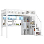Loft Bed with LED Lights, Desk, Shelves and Storage Ladder, White Pine Wood and MDF