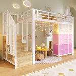 Loft Bed 90x200cm with Stairs Drawers & Clothes Rail, White Metal