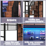 Loft Bed 90x200cm with Wardrobe & LED Lights, Black Iron Frame