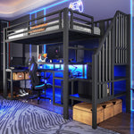 Loft Bed with Desk, Storage Staircase and LED Lights, Black Iron Frame
