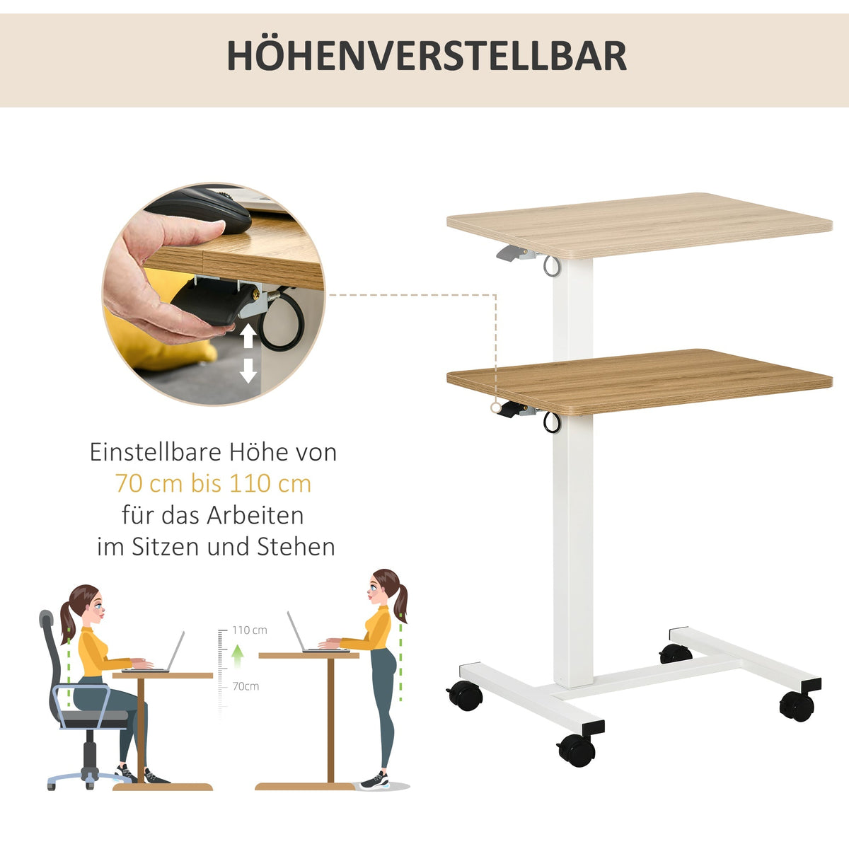 Sit-Stand Desk, Height-Adjustable C-Shaped Laptop Table 70-110 cm, Natural White