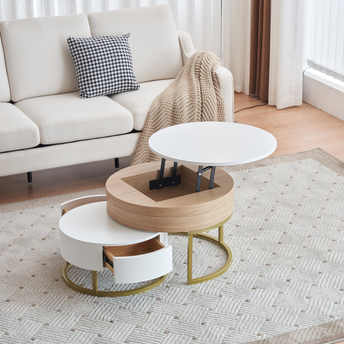 Nesting Table, Fold-Up Coffee & Side Table with Two Drawers, 2-Piece Set, Golden