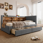 Daybed Sofa Bed 90x200cm 2 Drawers USB/Type C Storage - Linen Grey