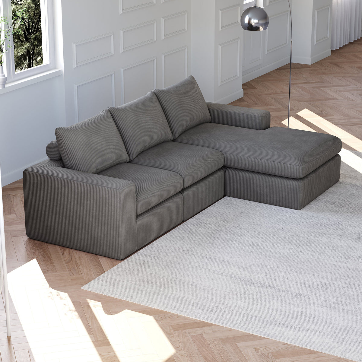 Boneless Couch with Chaise, L-shaped Modern Upholstered Corduroy