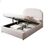 Upholstered Bed 140x200 with Hydraulic Storage and Wide Headboard, Striped Fabric White and Coffee