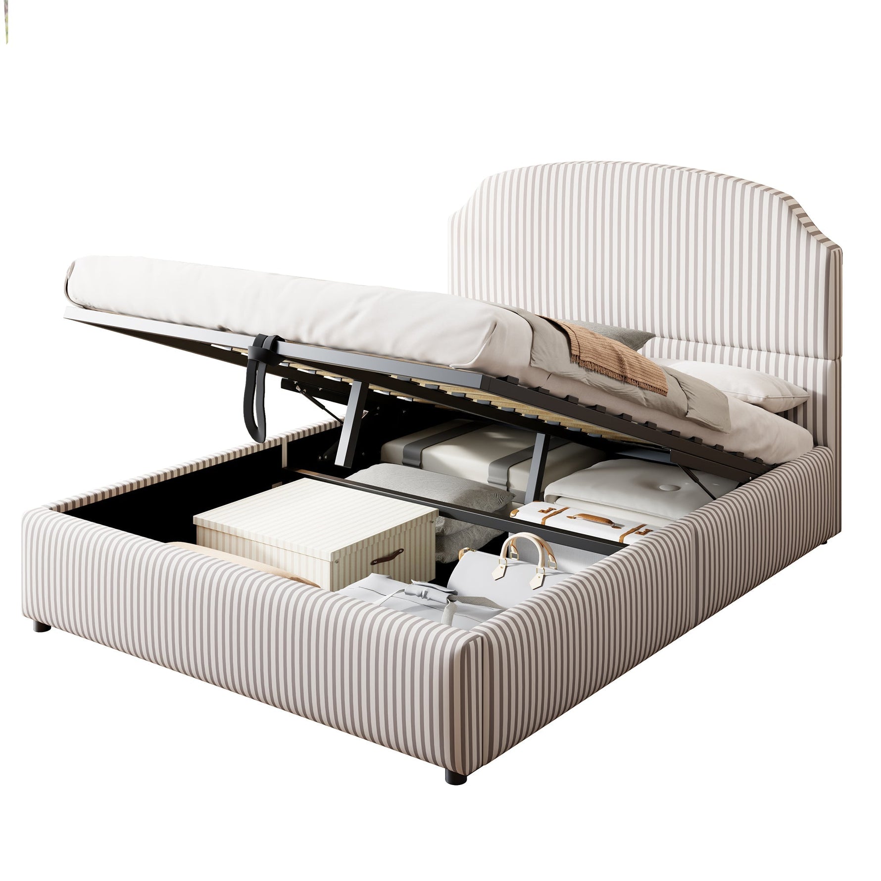 Upholstered Bed 140x200 with Hydraulic Storage and Wide Headboard, Striped Fabric White and Coffee