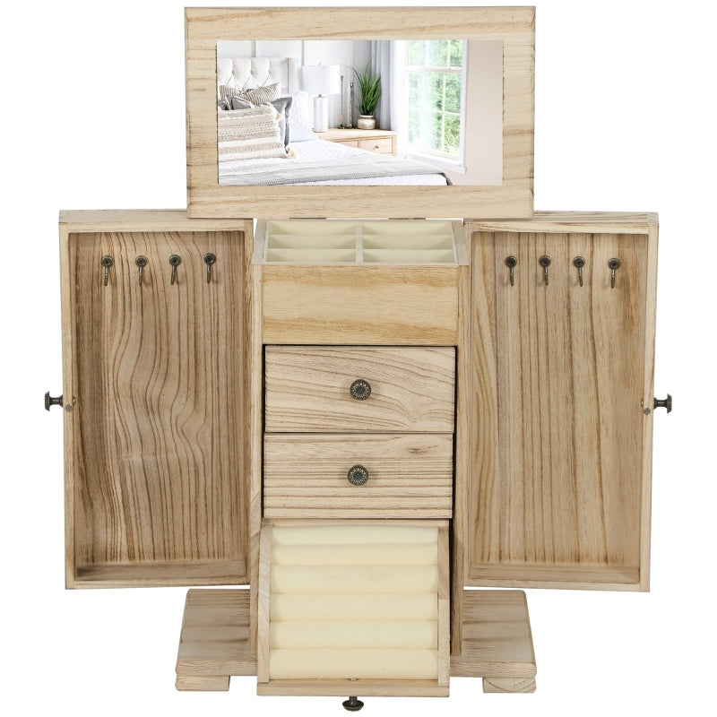 Jewelry Box, 4-Tier Case with Mirror, Wood Brown