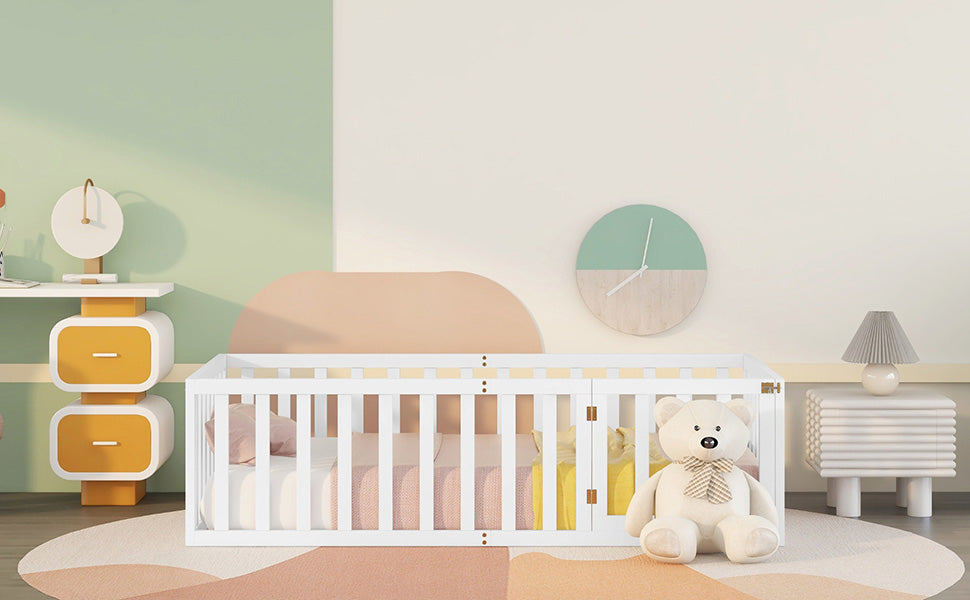 Children's Bed 90x200 Wooden Frame with Railing & Door, White