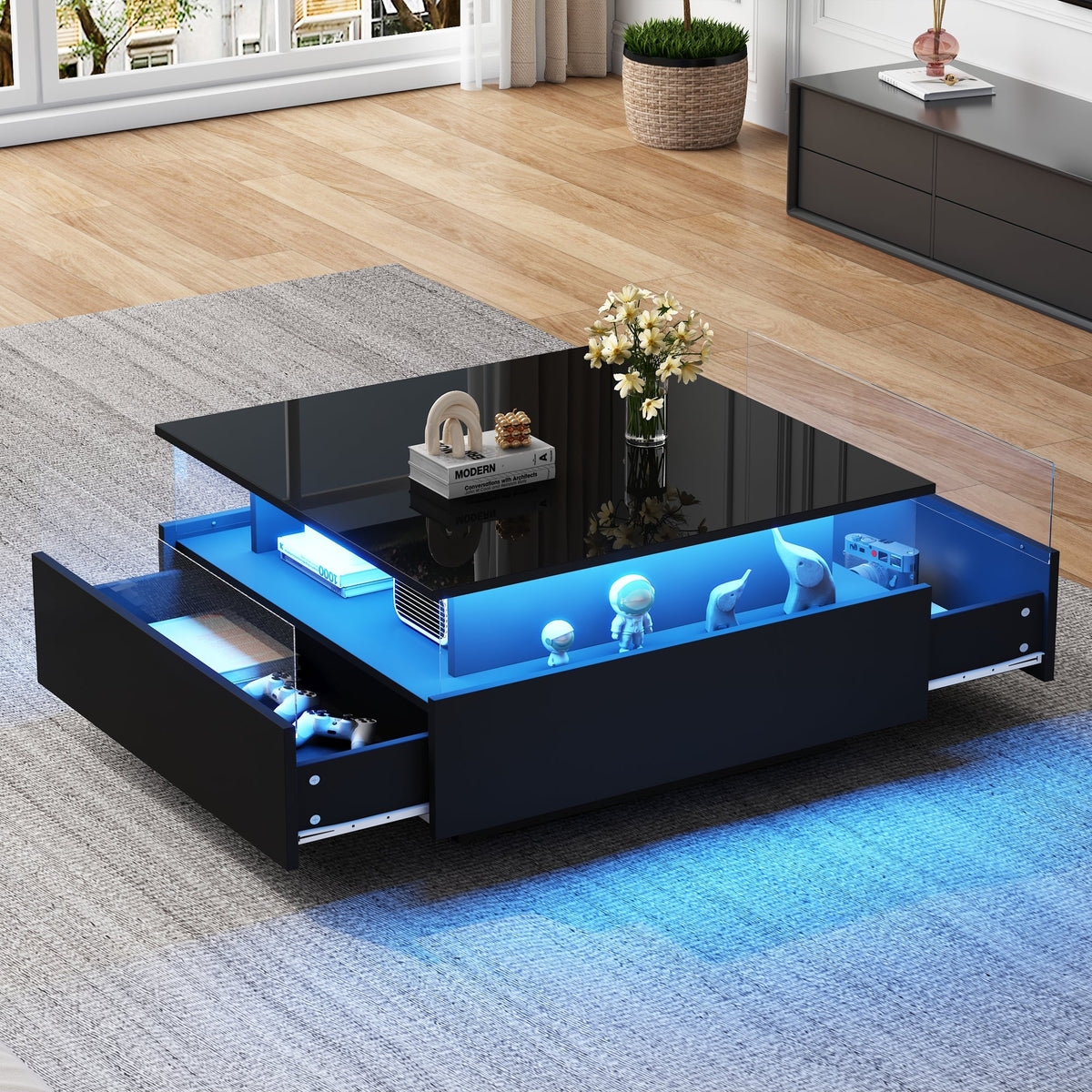 LED Coffee Table 70x70x41cm, 2 Drawers, Transparent Area, High-Gloss