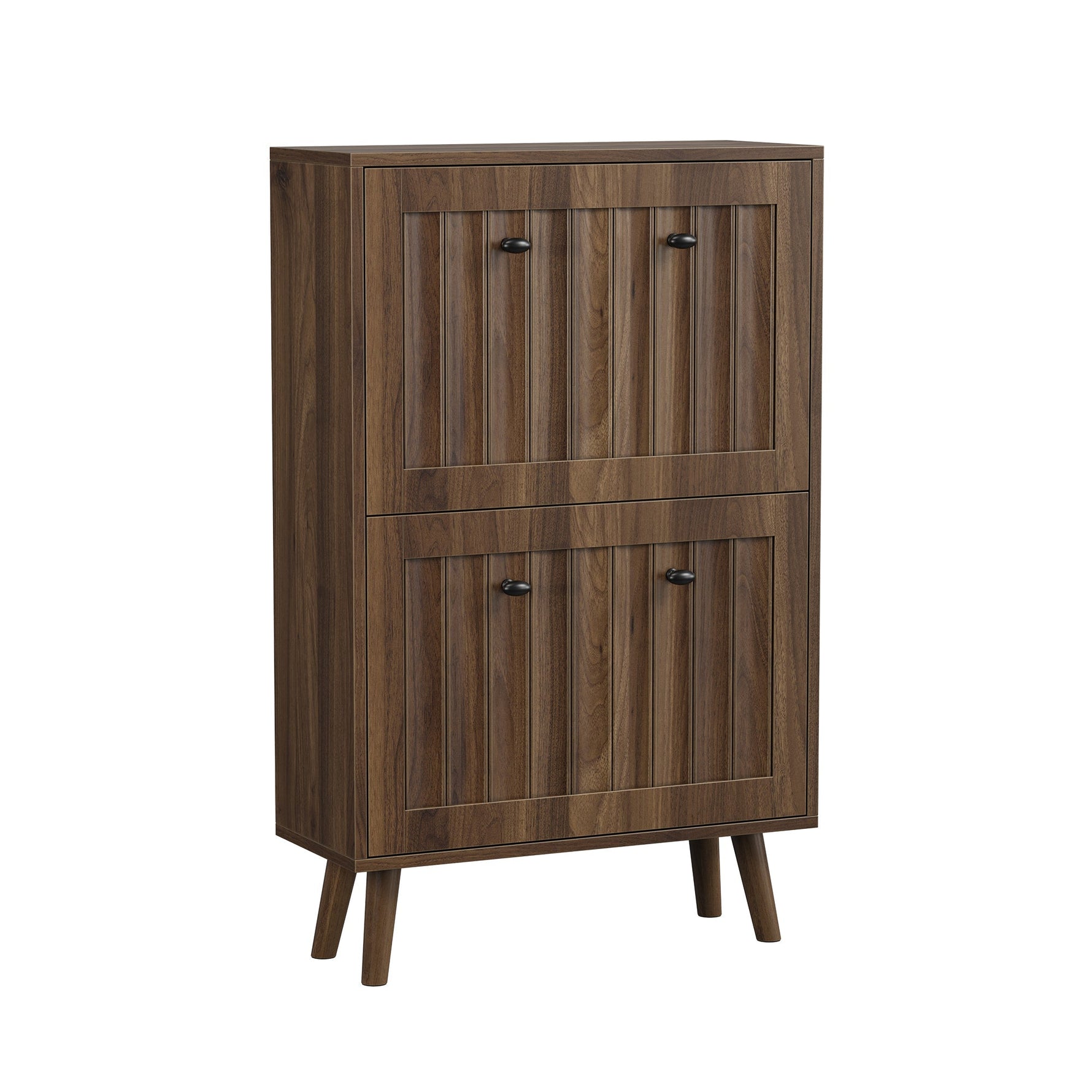 Shoe Storage Cabinet with Vertically Grooved Surface and Medieval Style, 60cm High, Walnut