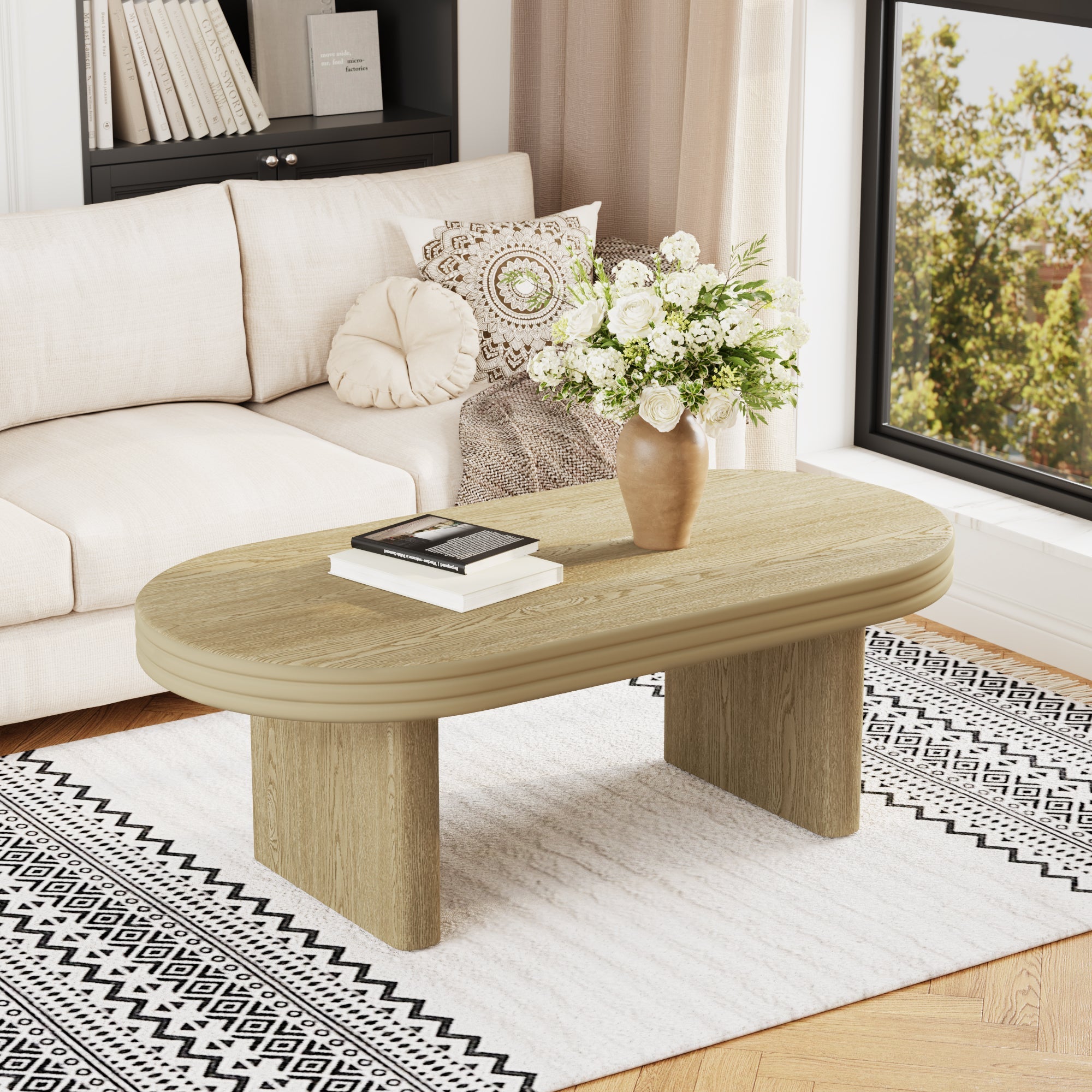 Mid Century Modern Oval Fluted Coffee Table Rustic Wood 120cm - Natural