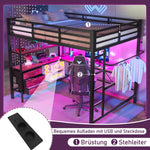 Loft Bed 140x200cm with LED Desk USB Port 3 Drawers Stairs - Black