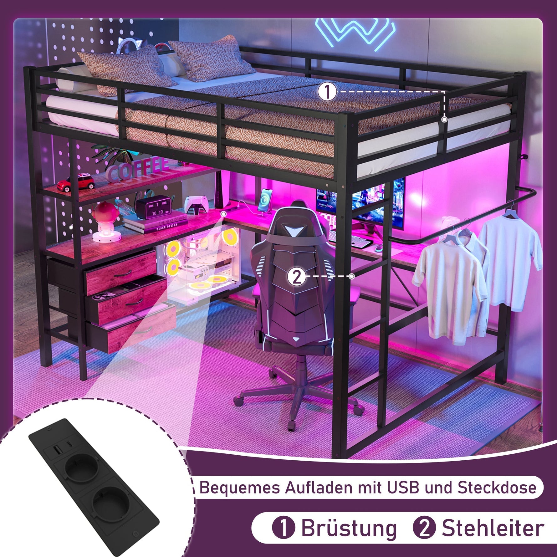 Loft Bed 140x200cm with LED Desk USB Port 3 Drawers Stairs - Black