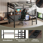 Loft Bed 140x200cm Iron Frame Desk Shelves Power USB/Type-C - Black