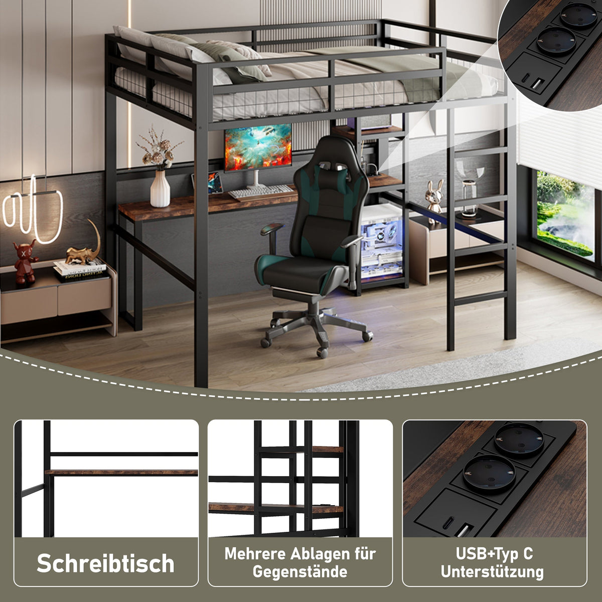 Loft Bed 140x200cm Iron Frame Desk Shelves Power USB/Type-C - Black