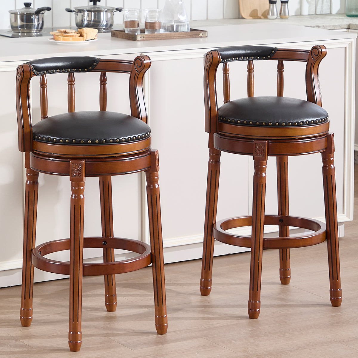 Bar Stools 360° Swivel with Backs Bar Counter Height - Cow Top Leather Wooden