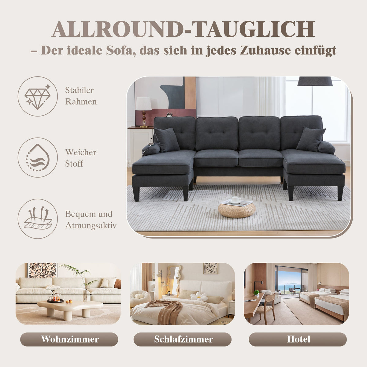 U-shaped Sofa, Large 4-Seater Two Chaise Lounges Modern, Dark Grey Linen Fabric