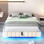 Upholstered Bed 160x200cm Hydraulic Floating Frame Storage LED Light, Linen Beige