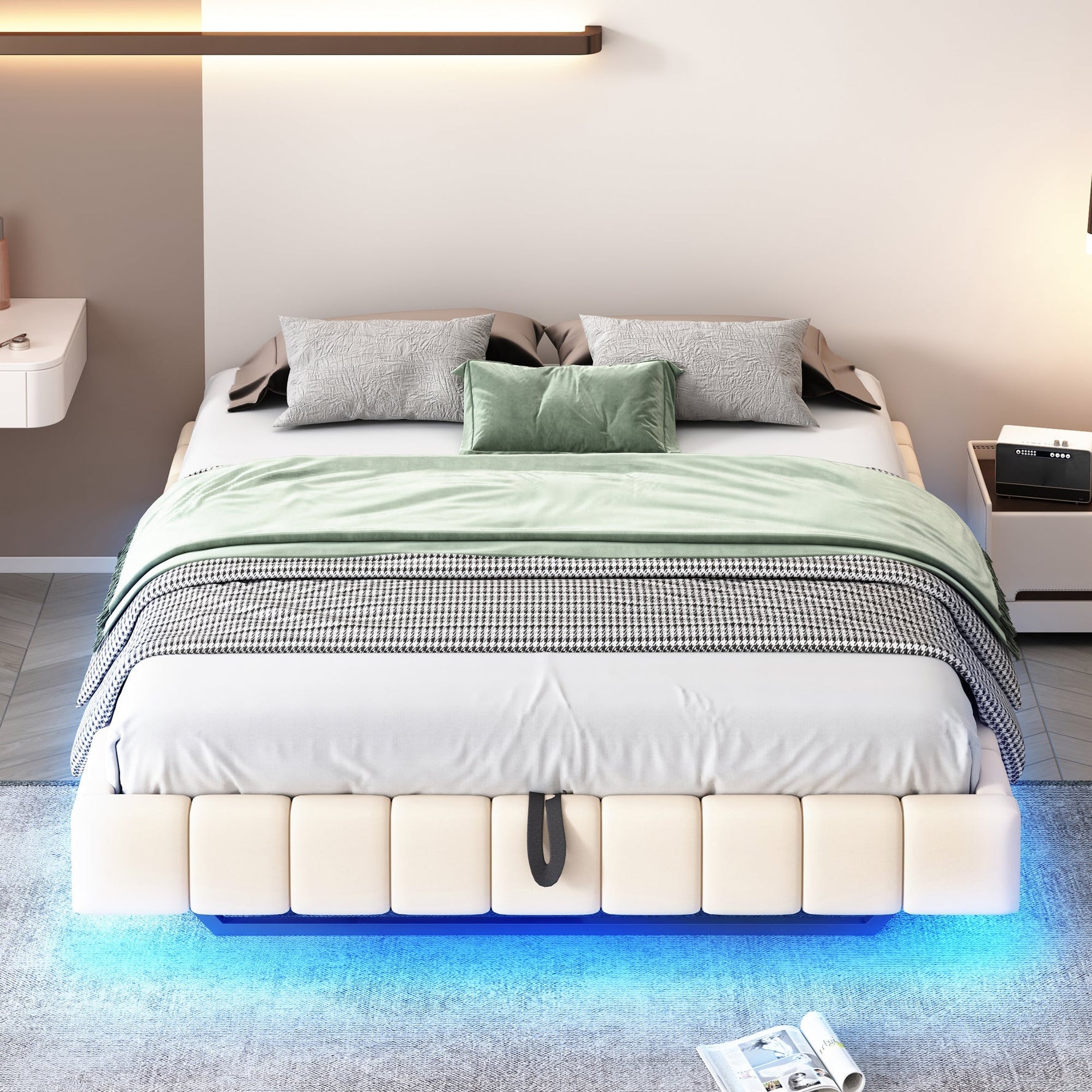 Upholstered Bed 160x200cm Hydraulic Floating Frame Storage LED Light, Linen Beige
