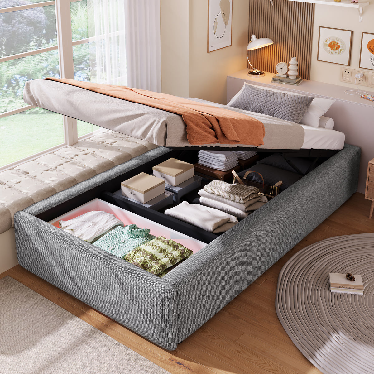 Upholstered Platform Bed 90x200cm Hydraulic Storage & Drawer, Grey