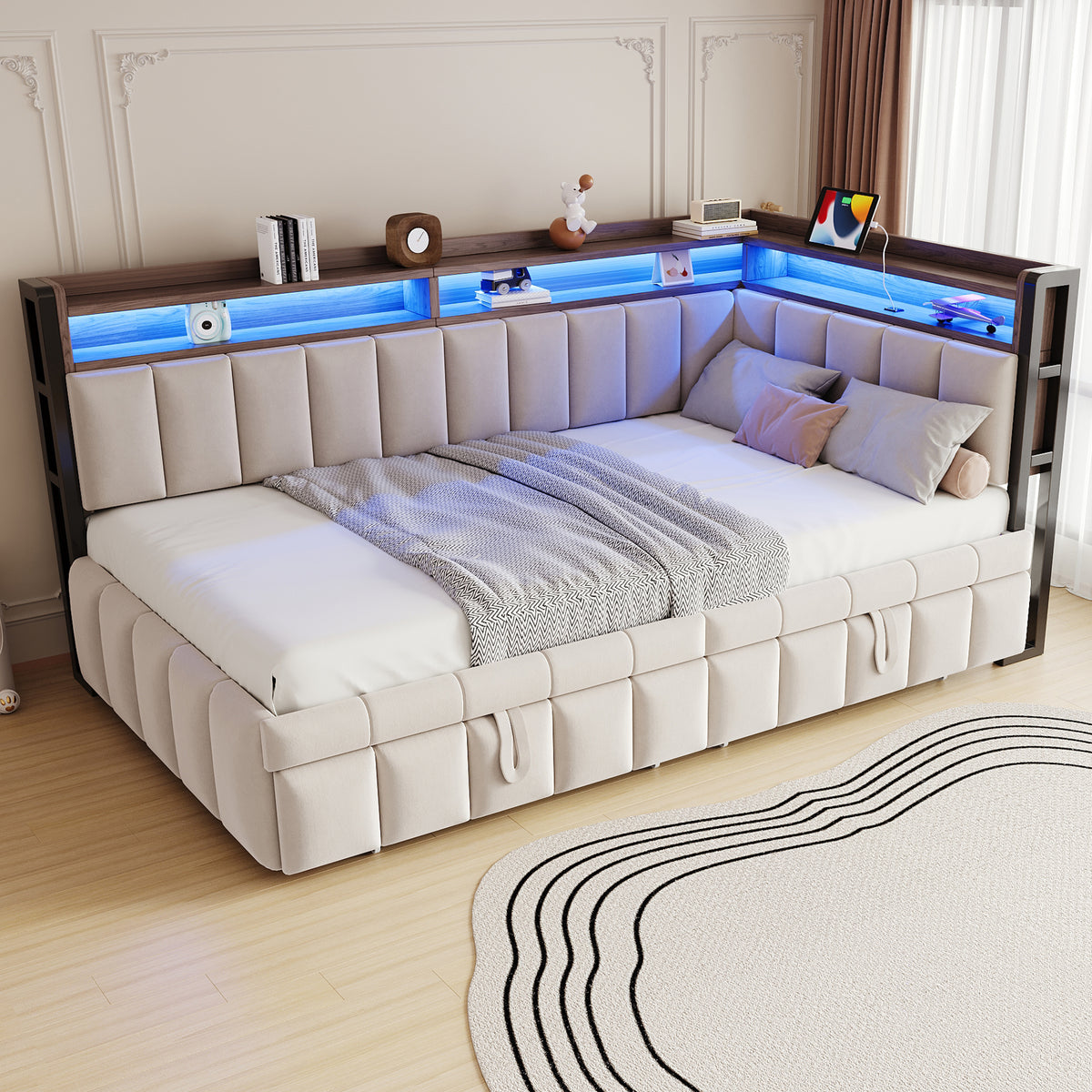 Upholstered Sofa Bed 90x200cm with Trundle & LED, Beige Velvet