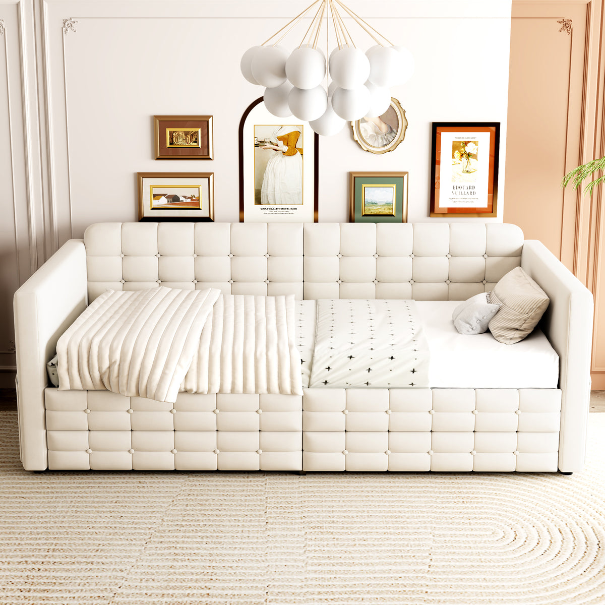 Upholstered Sofa Bed 90x190 with Storage & Drawers in Beige Velvet