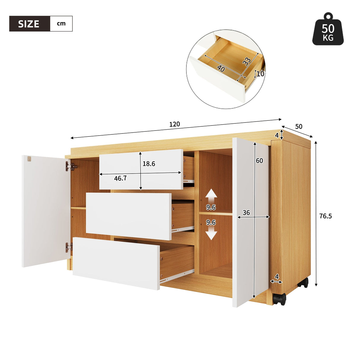 Desk, Multifunctional Rotating, Lockable Casters, White/Oak