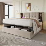 Double Bed, Wireless Charging USB C, Storage, 140x200cm, Wood-Natural Linen