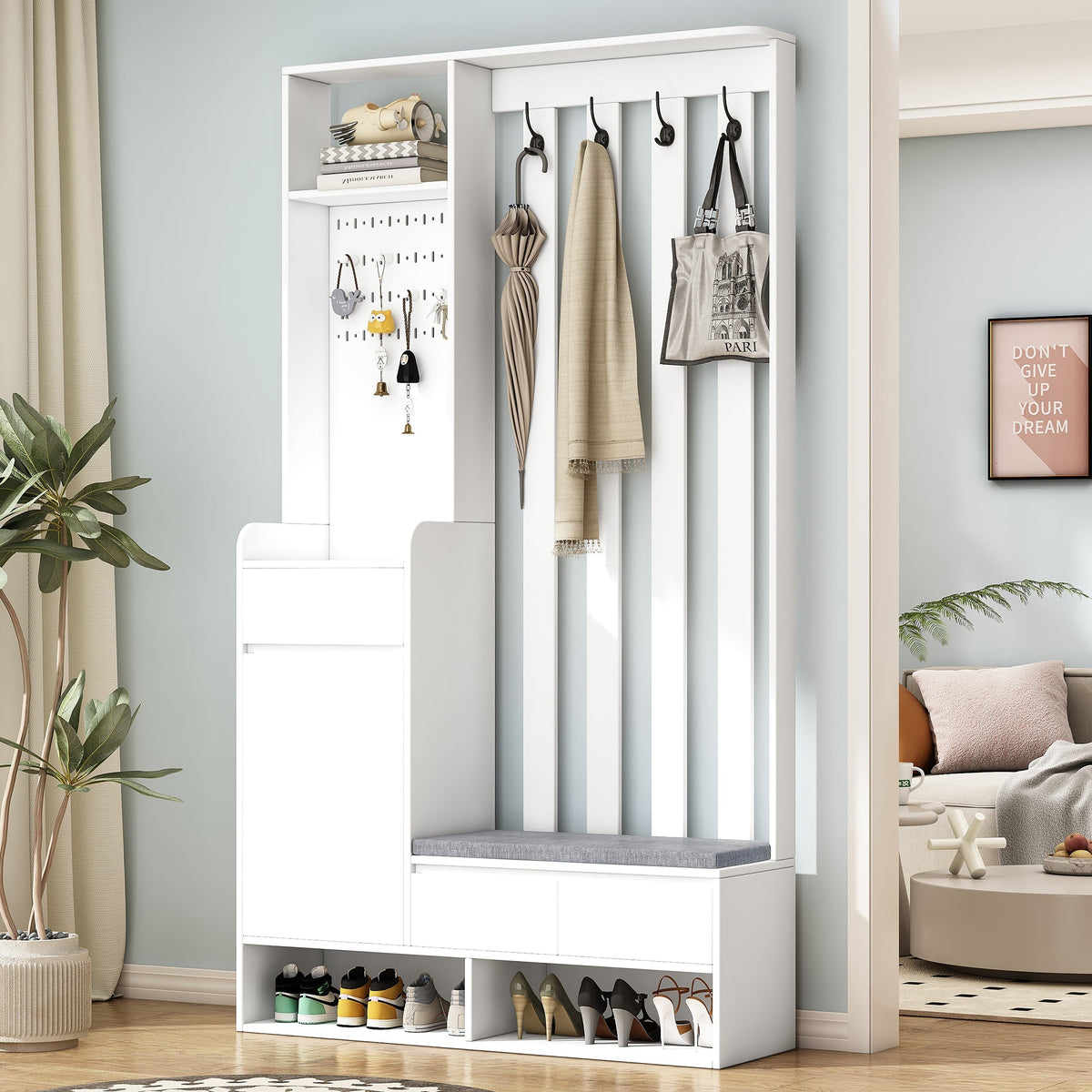 Hallway coat rack with padded storage bench and pegboard, with 4 hooks, white