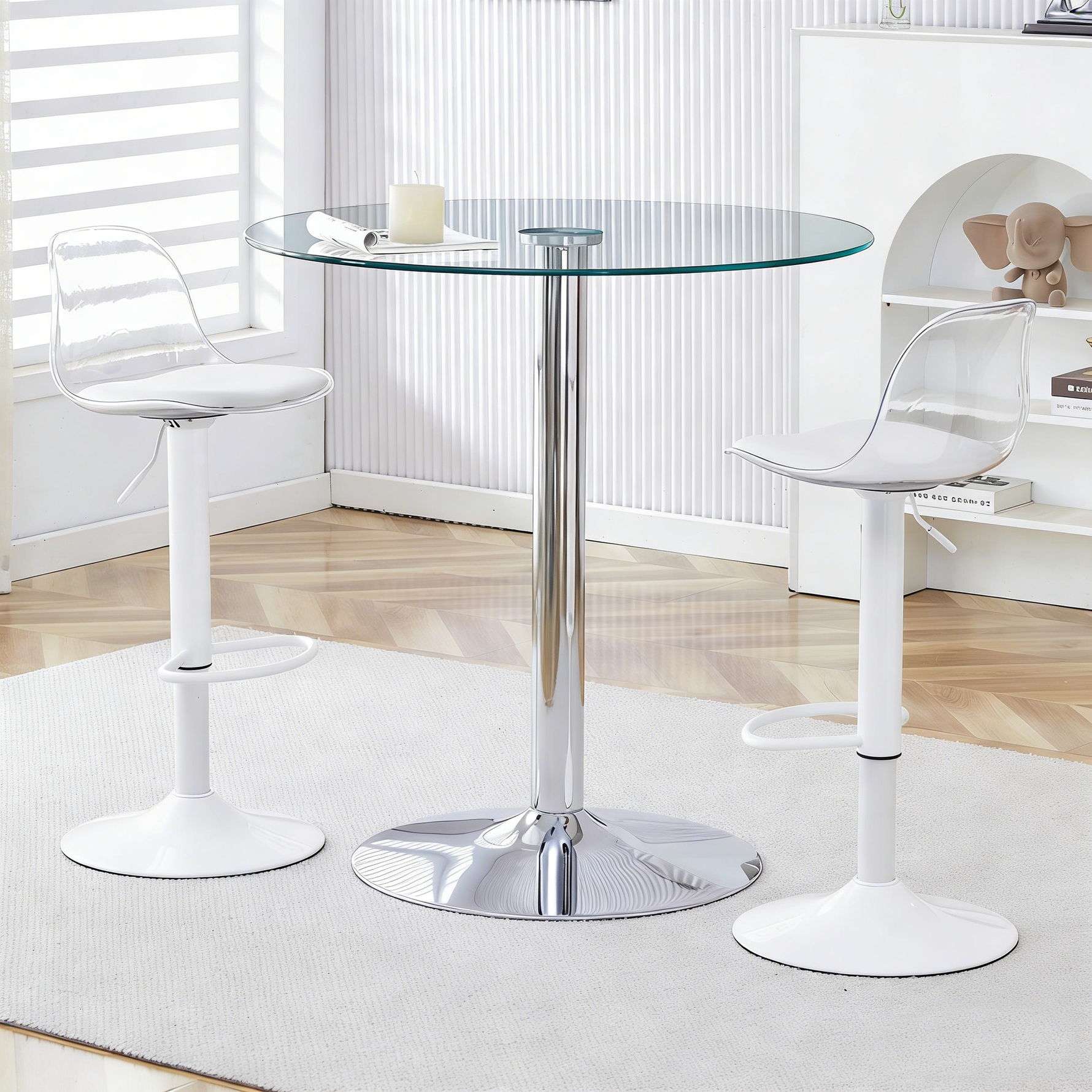 Bar Set 89cm Glass Table 2 Stools Adjustable Swivel - White Legs