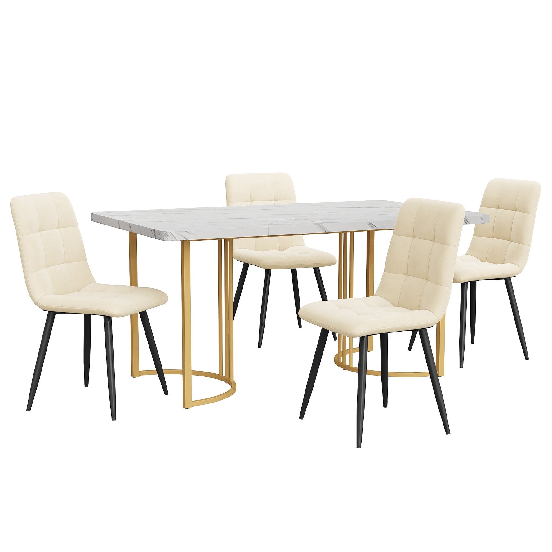 5-Piece Dining Set 140x80cm Modern Kitchen Table White MDF Beige Velvet