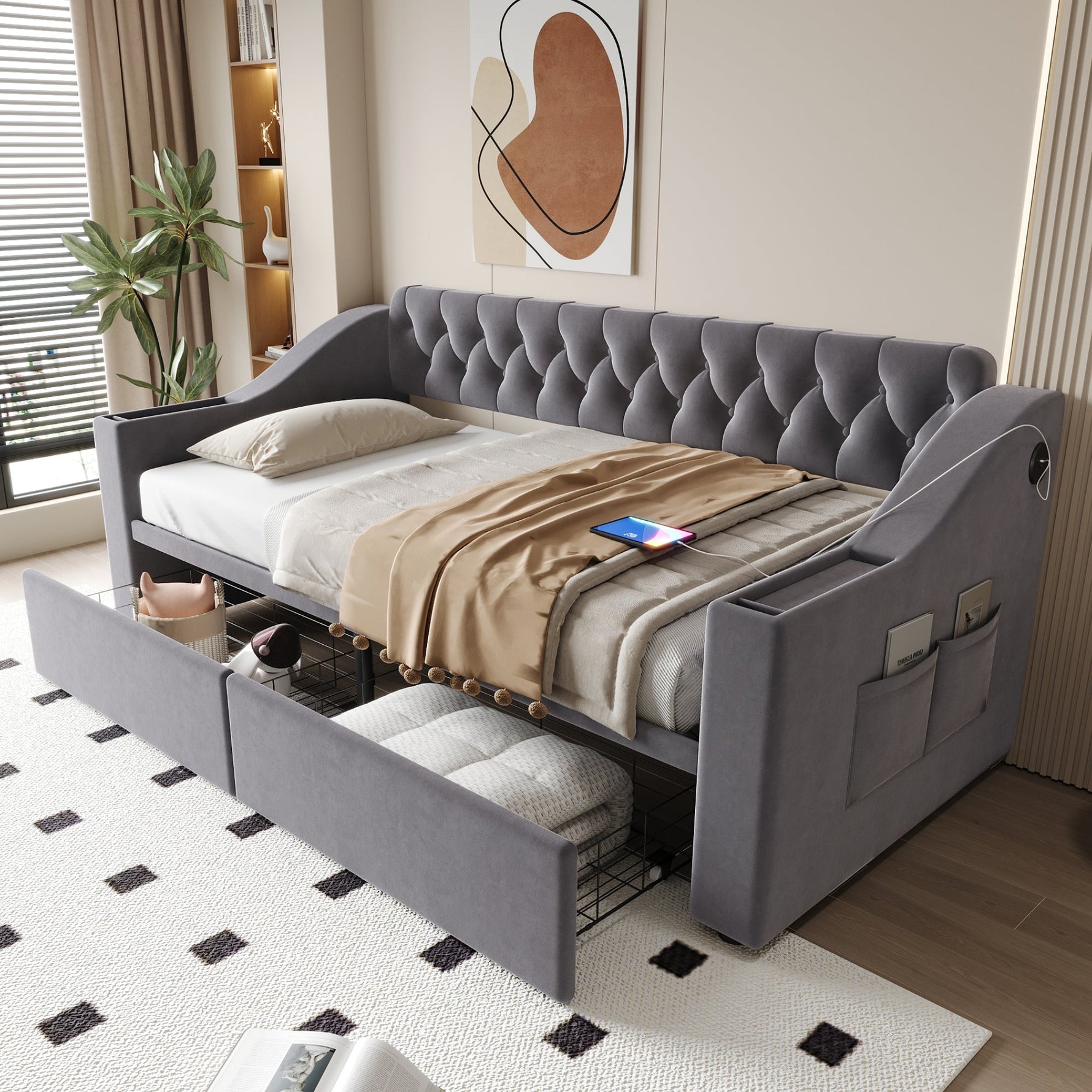 Upholstered Sofa Bed with USB Port and Storage Drawers, Dark Grey Velvet