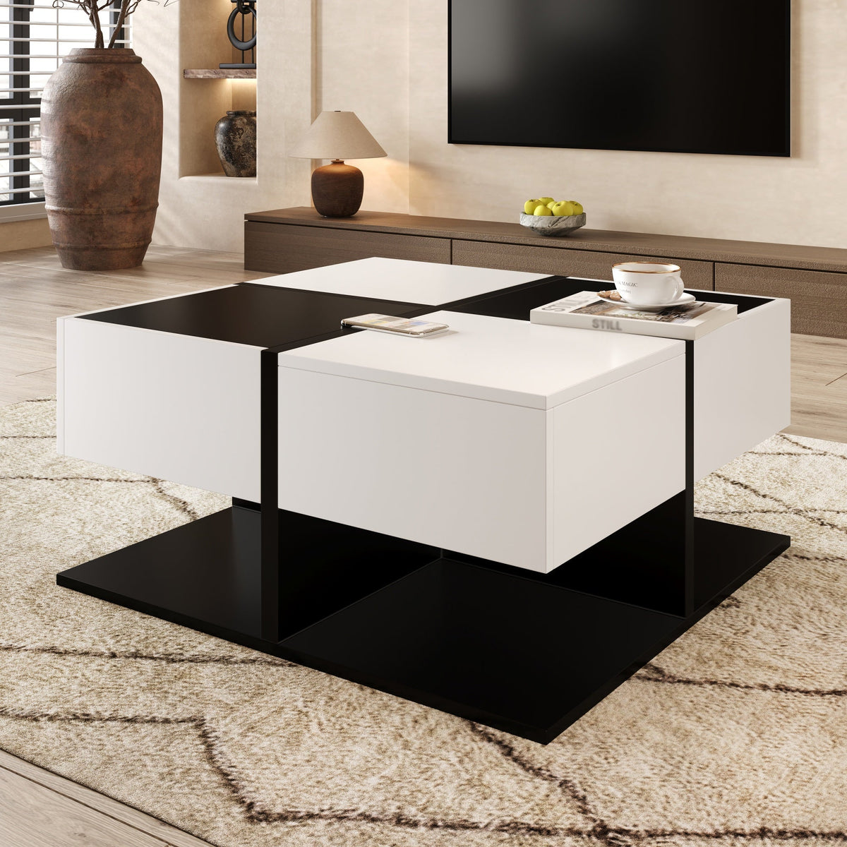 Modern Coffee Table with 2 Drawers, Square Living Room Table, 70x70x35.5 cm, Black and White