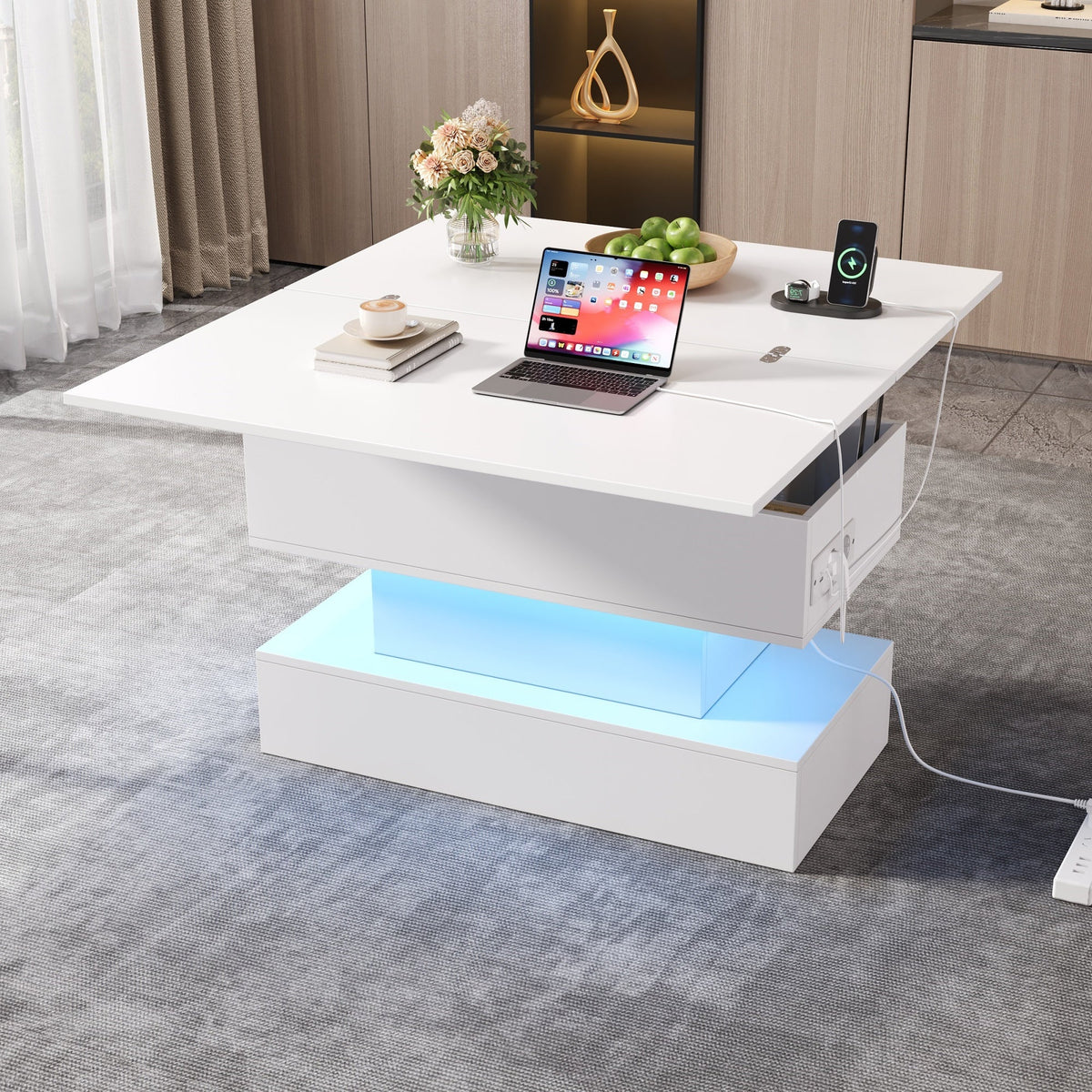 Coffee Table 100x50x51.5cm Lift-Top LED USB Power Outlet Storage, White