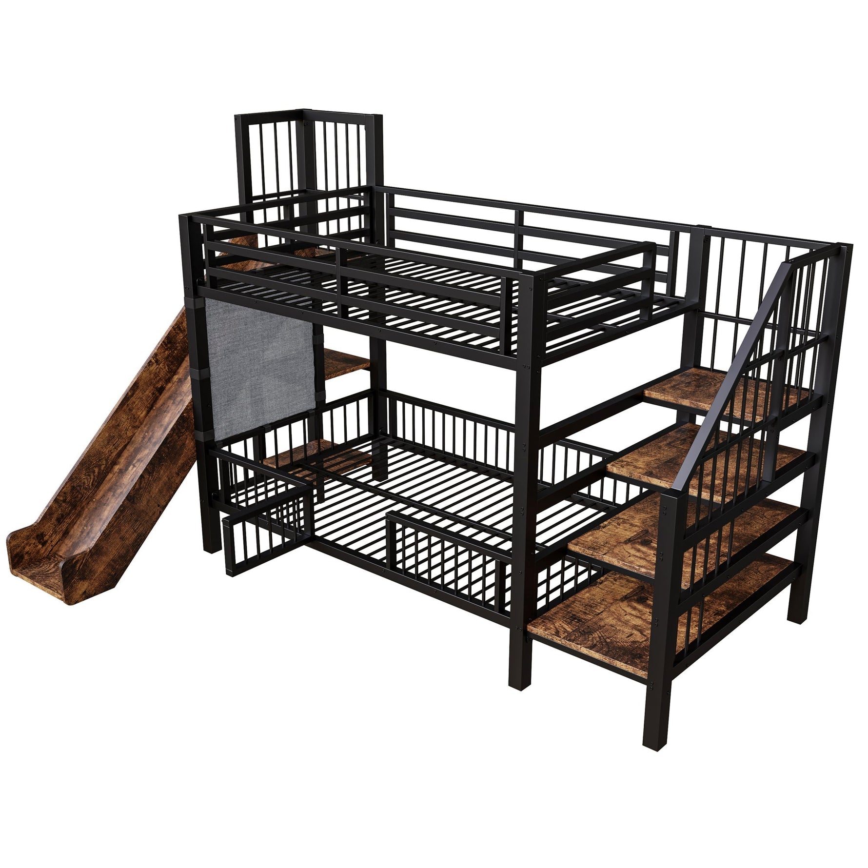 Children's Metal Loft Bed with Slide, Storage Stairs and Shelves, Black