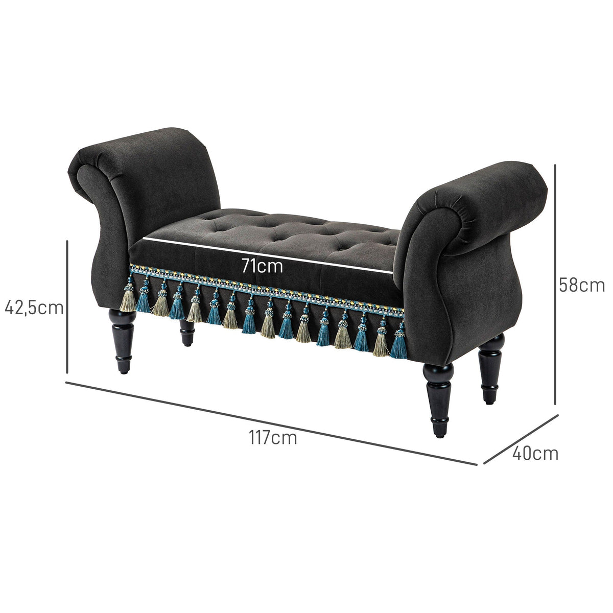 Upholstered Bench, Storage Armrest Wooden Legs, Dark Grey