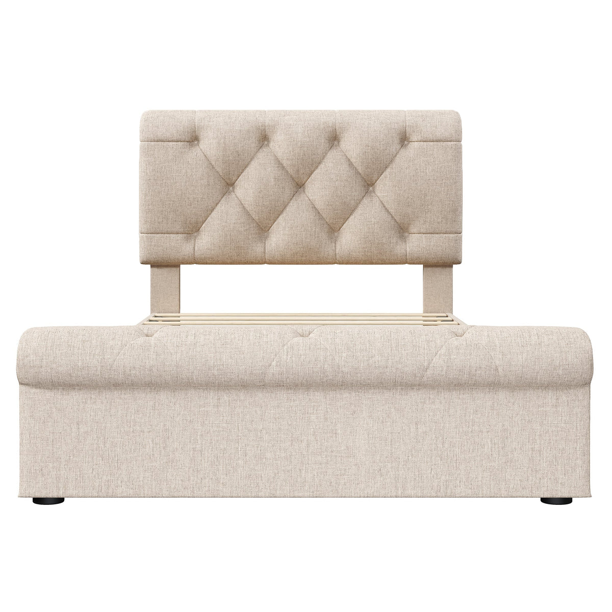 Single Upholstered Bed, 90x200cm, 2 Drawers, Adjustable Headboard, Chesterfield, Natural