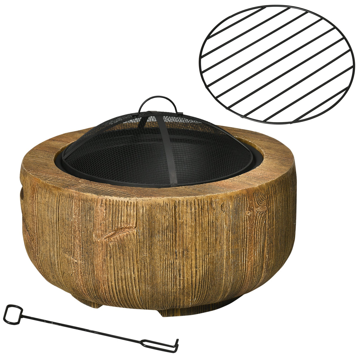 Fire Bowl Fire Pit, Lid & Poker, Tree Stump Design, Steel MgO Brown