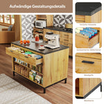 Kitchen Island Country Style 2 Drawers 4 Shelves Bar Area - Oak Wood/Black Marble