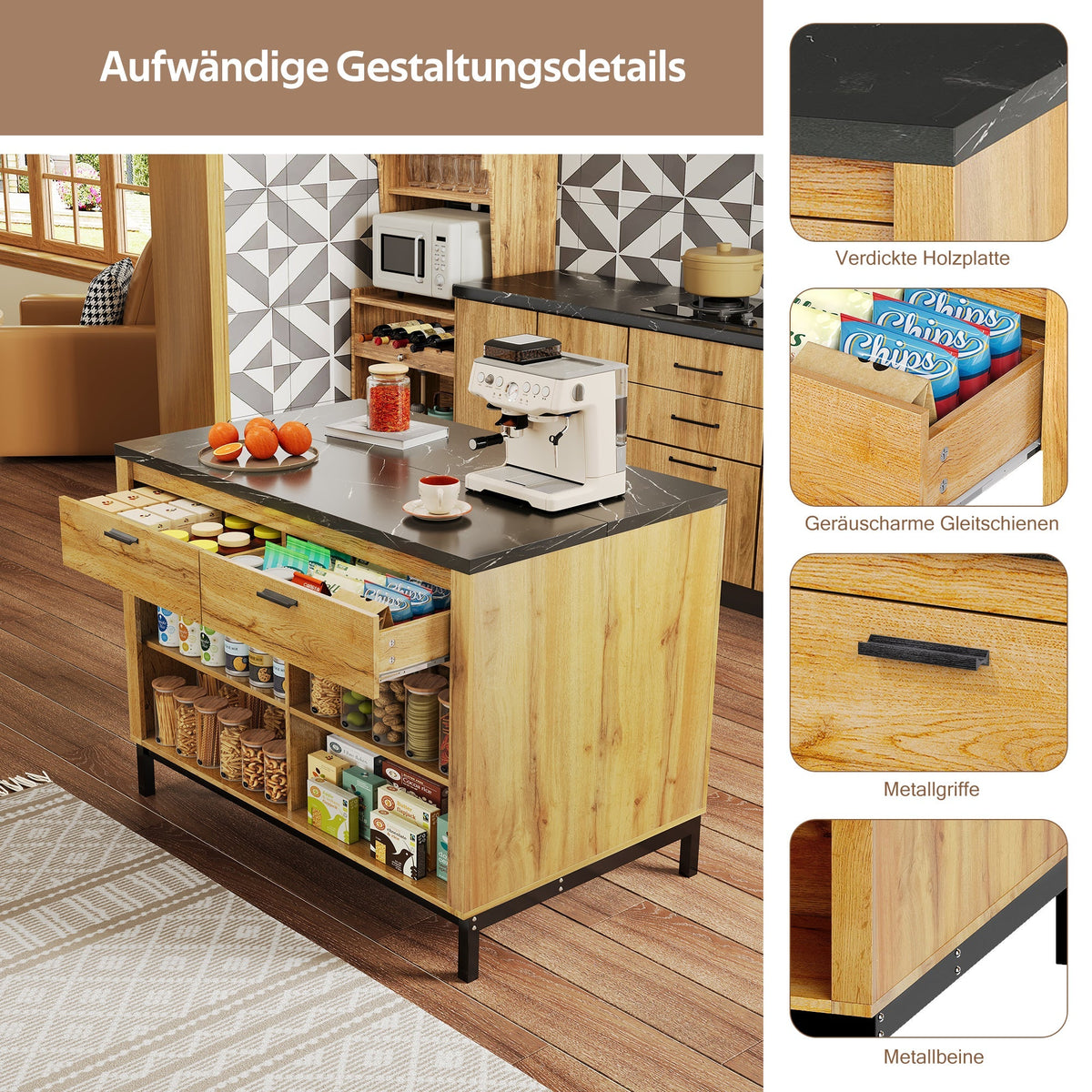 Kitchen Island Country Style 2 Drawers 4 Shelves Bar Area - Oak Wood/Black Marble