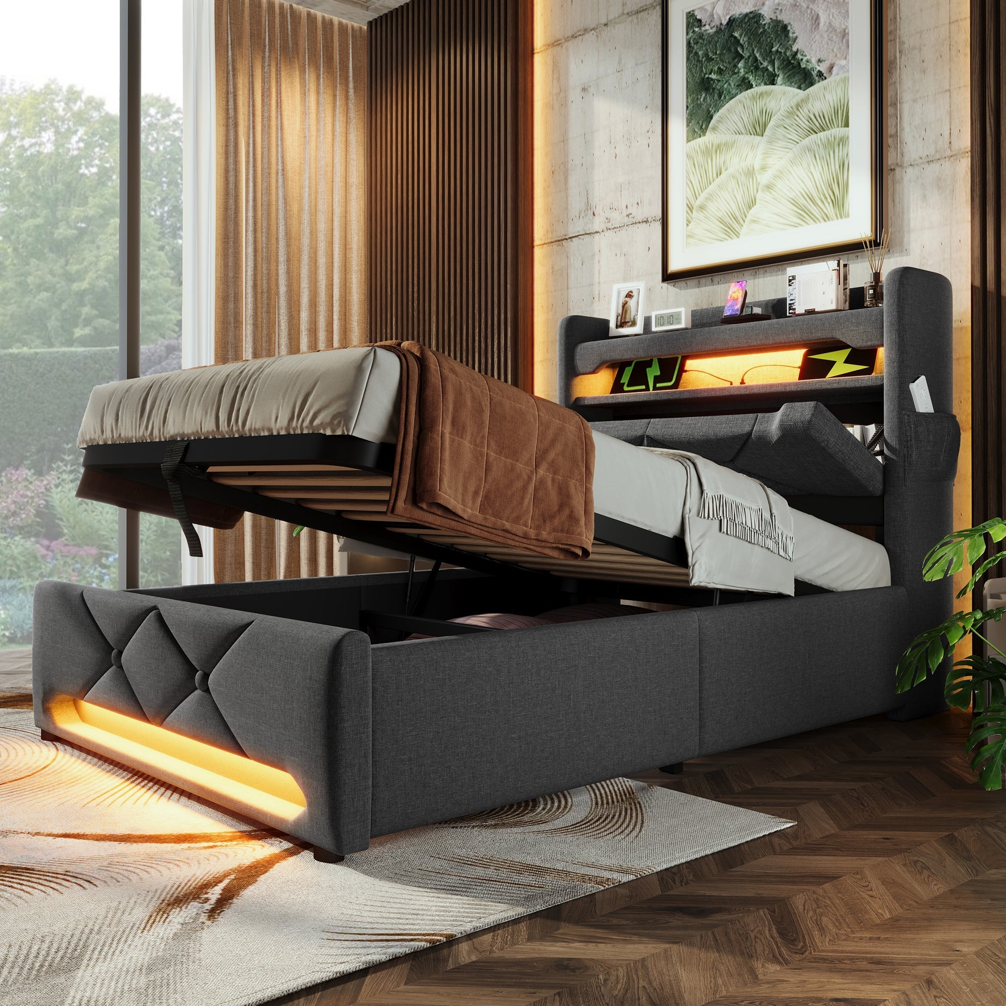 Upholstered Single Bed 90*200, Storage Headboard with USB & LED, Hydraulic, Gray Linen