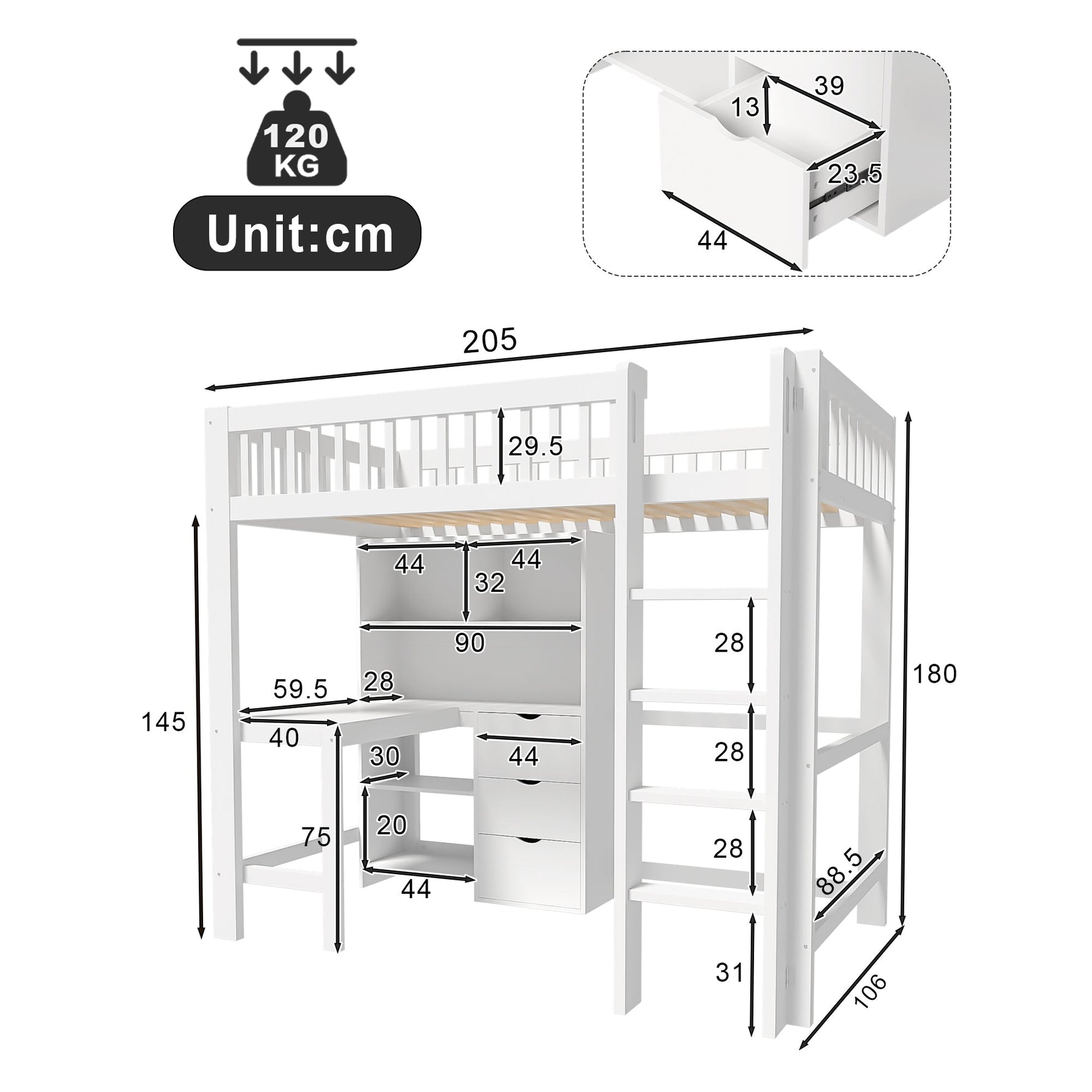 Loft Bed 90x200cm Storage Ladder Desk 3 Drawers, White